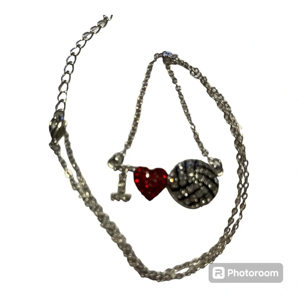 I LOVE VOLLEYBALL RHINESTONE PENDANT ON SILVERTONE CHAIN NWT